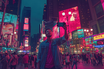 Fototapeta premium Man Taking Selfie in Vibrant City Square at Night