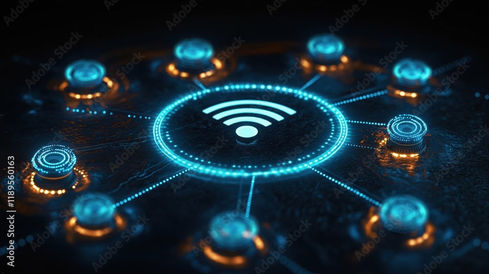 Poster futuristic tech illustration displays wifi network system. modern tech network graphic showing conne