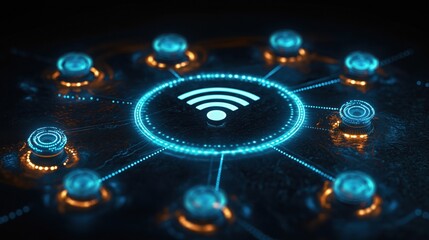 Futuristic tech illustration displays wifi network system. Modern tech network graphic showing connections, data flow. Digital communication, network design. Complex system with glowing elements in
