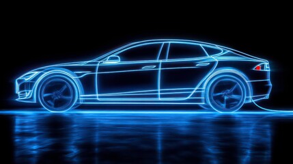 Electric car charging, glowing lines, dark background.