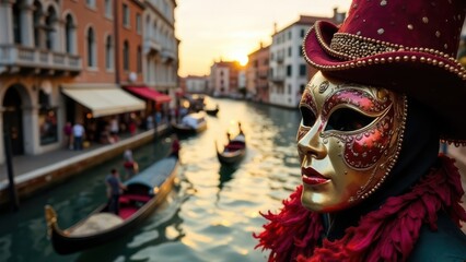 Venetian carnival mask overlooking gondolas on a canal at sunset