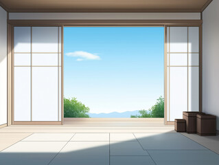 Fototapeta premium Traditional Tea House with Tea Chests Beside Bamboo