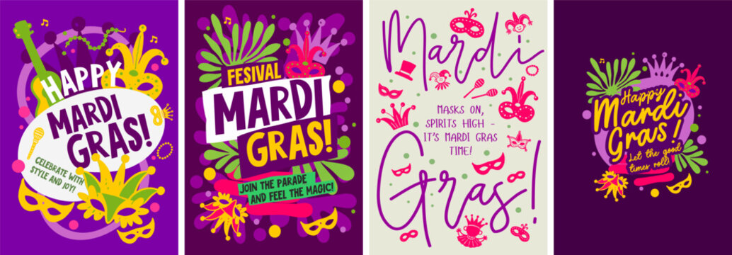 Bright Mardi Gras poster with a mix of bold typography, playful colors, and festive decorations to celebrate the carnival spirit.