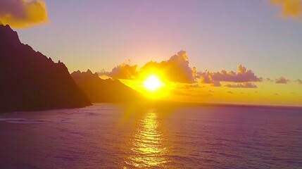 Fototapeta premium Spectacular Sunset Over Ocean and Mountains