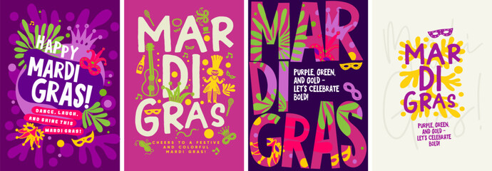 Stylish Mardi Gras poster featuring festive colors, bold masks, and playful typography, capturing the vibrant essence of the celebration. © Molibdenis-Studio