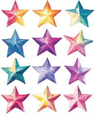 Obraz premium Collection of Hand-Painted Stars in Watercolor on White Background