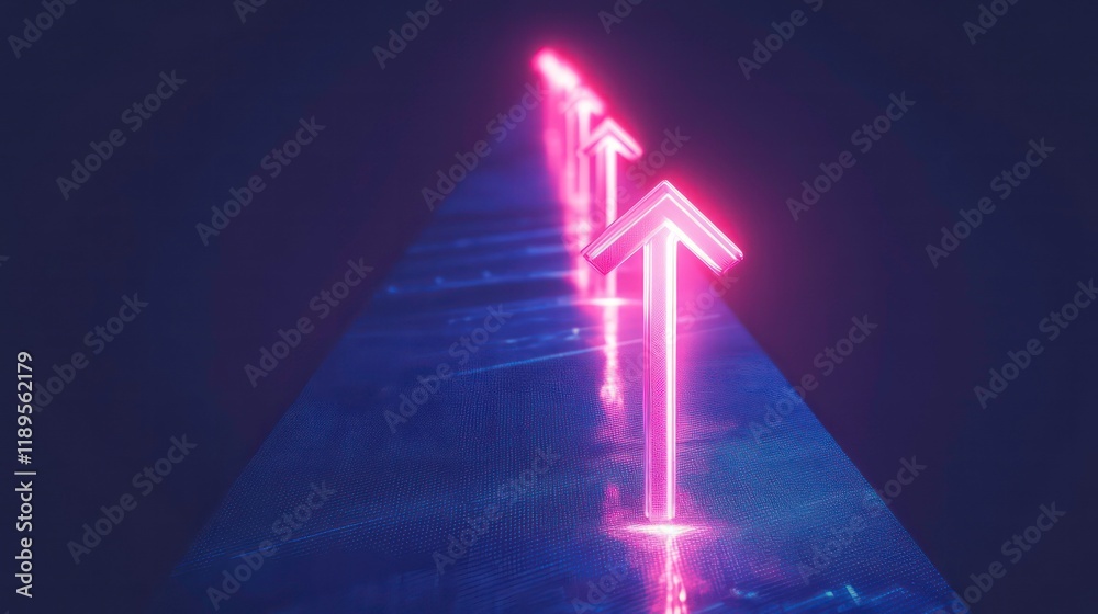 Poster glowing neon arrows pointing upward on a reflective surface forming a pyramid shape, symbolizing gro