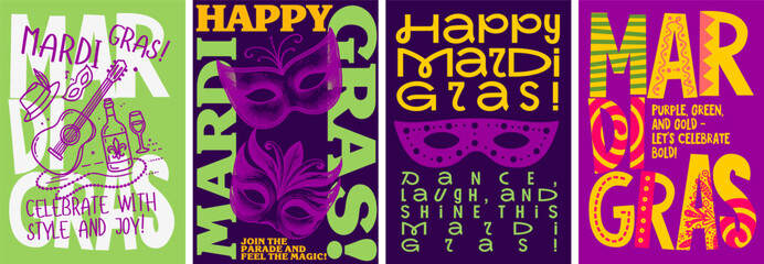 Festive Mardi Gras poster featuring colorful masks, beads, and festive elements. A vibrant design celebrating the joy of the festival. © Molibdenis-Studio