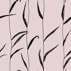 Seamless pattern: black cattail or reed in Asian style on a pink background. Plenty of repeating elements. Aquatic swamp grass drawn in ink