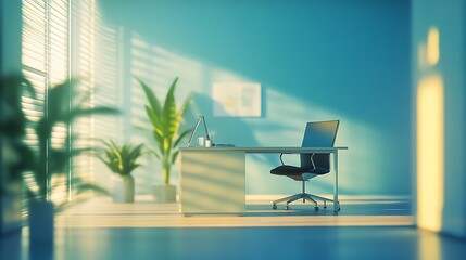 A workspace with seating and table in cool glow