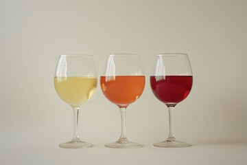 Three glasses of different colored wines on a white background