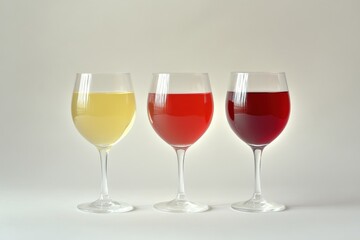 Three wine glasses filled with different colors of wine