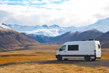 Scenic White Van Journey Through Majestic Mountains in Icelandic Valley