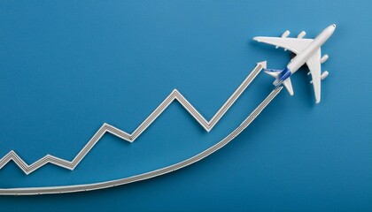 Fototapeta premium A meandering upward curved graph, with a small model of an airplane following the top of the upward curved graph model