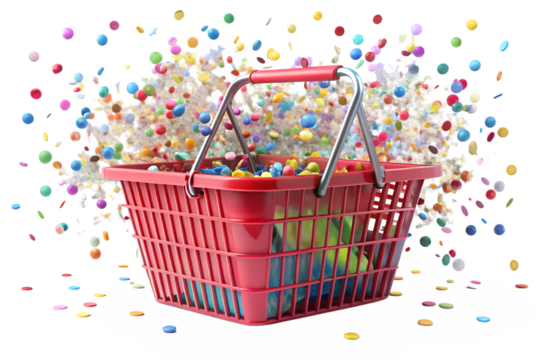 shopping basket with colorful balls isolated on white background .Transparent PNG