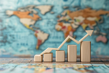 Wooden bar chart with growth arrow against blurred world map background