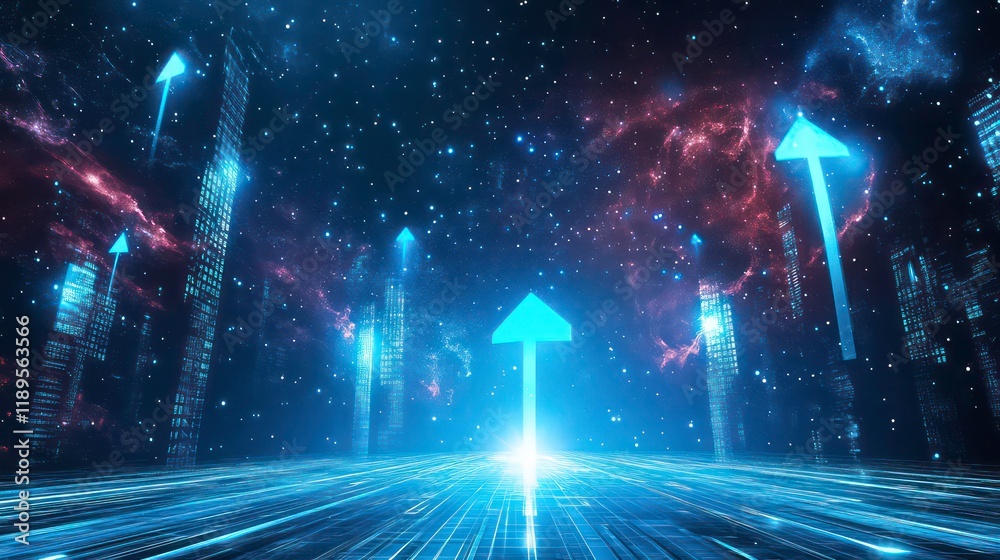 Poster futuristic cityscape with glowing arrows pointing upwards, symbolizing growth and progress.