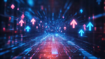 Fototapeta premium Abstract digital tunnel with glowing upward arrows, representing growth and progress.