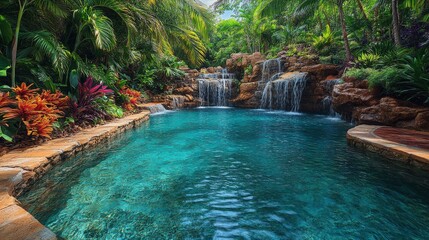 Fototapeta premium Relaxing hot spring surrounded by vibrant greenery and colorful flowers in a tropical setting