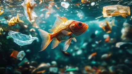 Naklejka premium A vivid school of fish swims through murky waters tainted by pollution, surrounded by plastic debris and trash. The scene highlights the impact of human waste on aquatic life and ecosystems