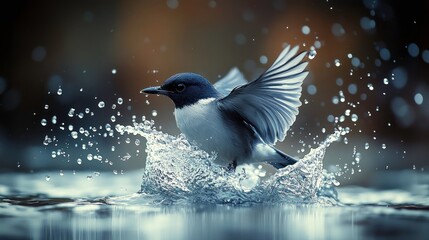 Obraz premium Bird lands in water, splashing with blurred background, likely used as a nature scene