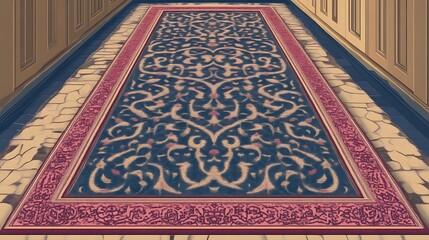 Ornate hallway rug displays intricate floral design