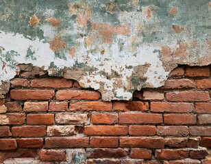 A vintage brick wall with peeling paint, creating a rustic and aged aesthetic.