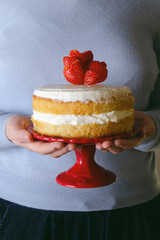 Homemade  layered cake with whipped cream and hearts of srawberry on red plate.