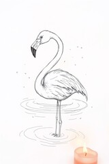 Minimalist Line Drawing of Flamingo with Contemplative Candle Element