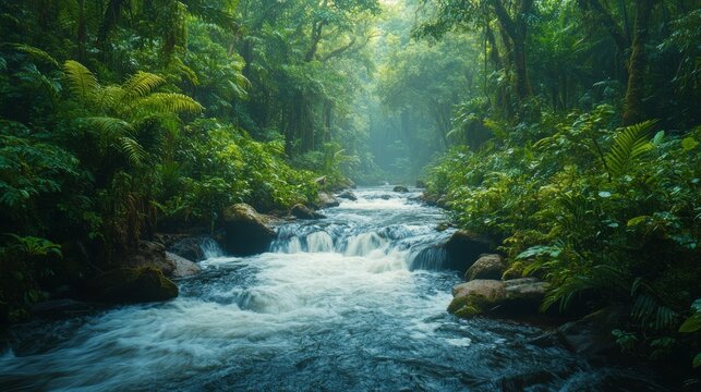 Serene sunset over a tranquil river surrounded by lush greenery in a rainforest setting