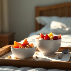 Fresh Fruit and Granola Breakfast Bowls in Sunlit Bedroom Setting