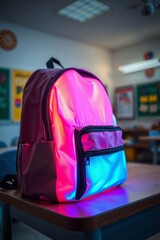 Iridescent Modern Backpack Glowing in Dim Classroom Setting