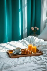 Luxurious Morning Breakfast Tray with Coffee and Croissant Against Teal Wall