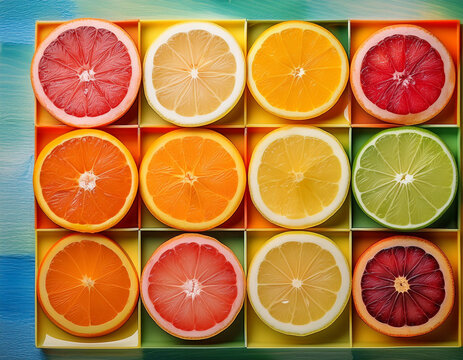 A vibrant grid display of assorted citrus fruits slices, offering a refreshing burst of colors.