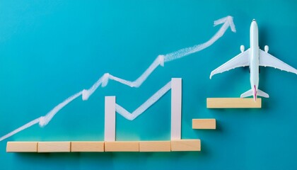 Fototapeta premium A meandering upward curved graph, with a small model of an airplane following the top of the upward curved graph model