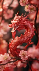 Red dragon statue amidst pink blossoms.