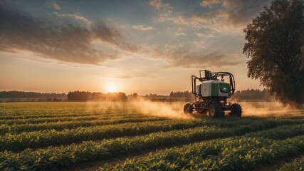 Fototapeta premium Generative AI image of unmanned robot herbicide sprayer working in agricultural field during evening against sunset sky and green trees in countryside 