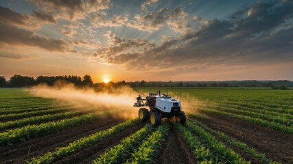 Obraz premium Generative AI image of unmanned robot herbicide sprayer working in agricultural field during evening against sunset sky and green trees in countryside 