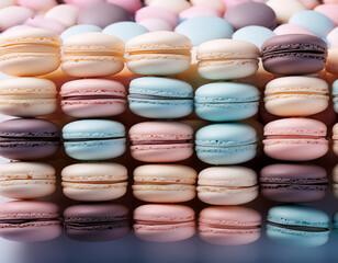 Fototapeta premium A backdrop composed of smooth, pastel-colored macarons in soft hues, arranged tightly in rows.