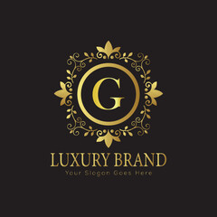 Letter luxury gold logo concept brand logo design with a royal gold crown emblem and elegant typography
