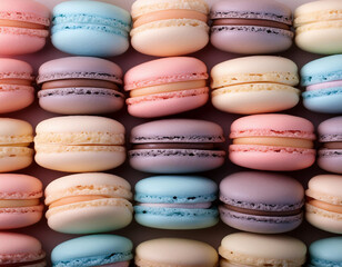 Fototapeta premium A backdrop composed of smooth, pastel-colored macarons in soft hues, arranged tightly in rows.