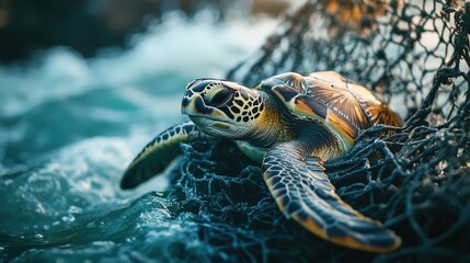 Fototapeta premium A sea turtle fights for survival as it becomes trapped in a fishing net. The animal is located near a rocky shoreline, surrounded by blue ocean waters during a bright day