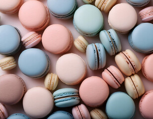 Fototapeta premium A backdrop composed of smooth, pastel-colored macarons in soft hues, arranged tightly in rows.
