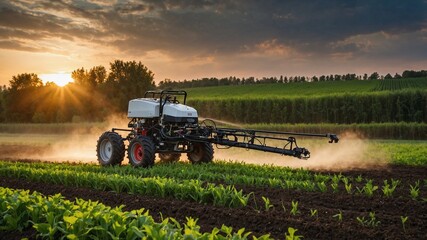 Fototapeta premium Generative AI image of unmanned robot herbicide sprayer working in agricultural field during evening against sunset sky and green trees in countryside 