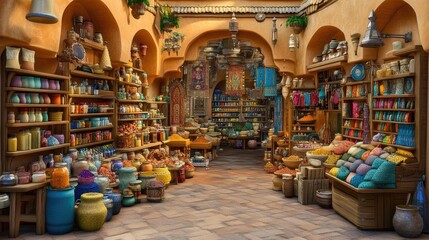 Naklejka premium Vibrant Bazaar Interior Showcasing Colorful Textiles and Pottery in a Lively Market Setting