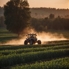 Fototapeta premium Generative AI image of unmanned robot herbicide sprayer working in agricultural field during evening against sunset sky and green trees in countryside 