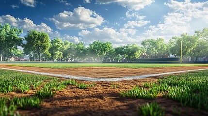  A photorealistic baseball field with lush green grass, dirt on the base paths and home plate, a clear blue sky above, trees in the background