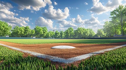  A photorealistic baseball field with lush green grass, dirt on the base paths and home plate, a clear blue sky above, trees in the background