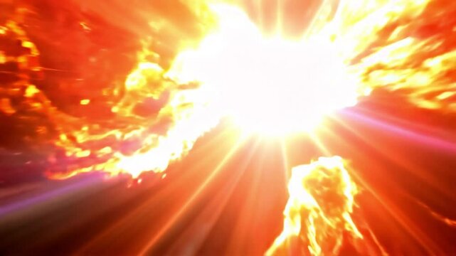 fiery cosmic explosion radiating intense orange and red energy, with a bright central light piercing through, resembling a supernova or catastrophic space event