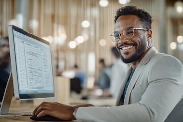 Smiling man works on computer in modern office. Focuses on spreadsheet data on monitor. Man confident, happy. Wears casual attire. Office environment bright, productive. Collaboration, tech tools